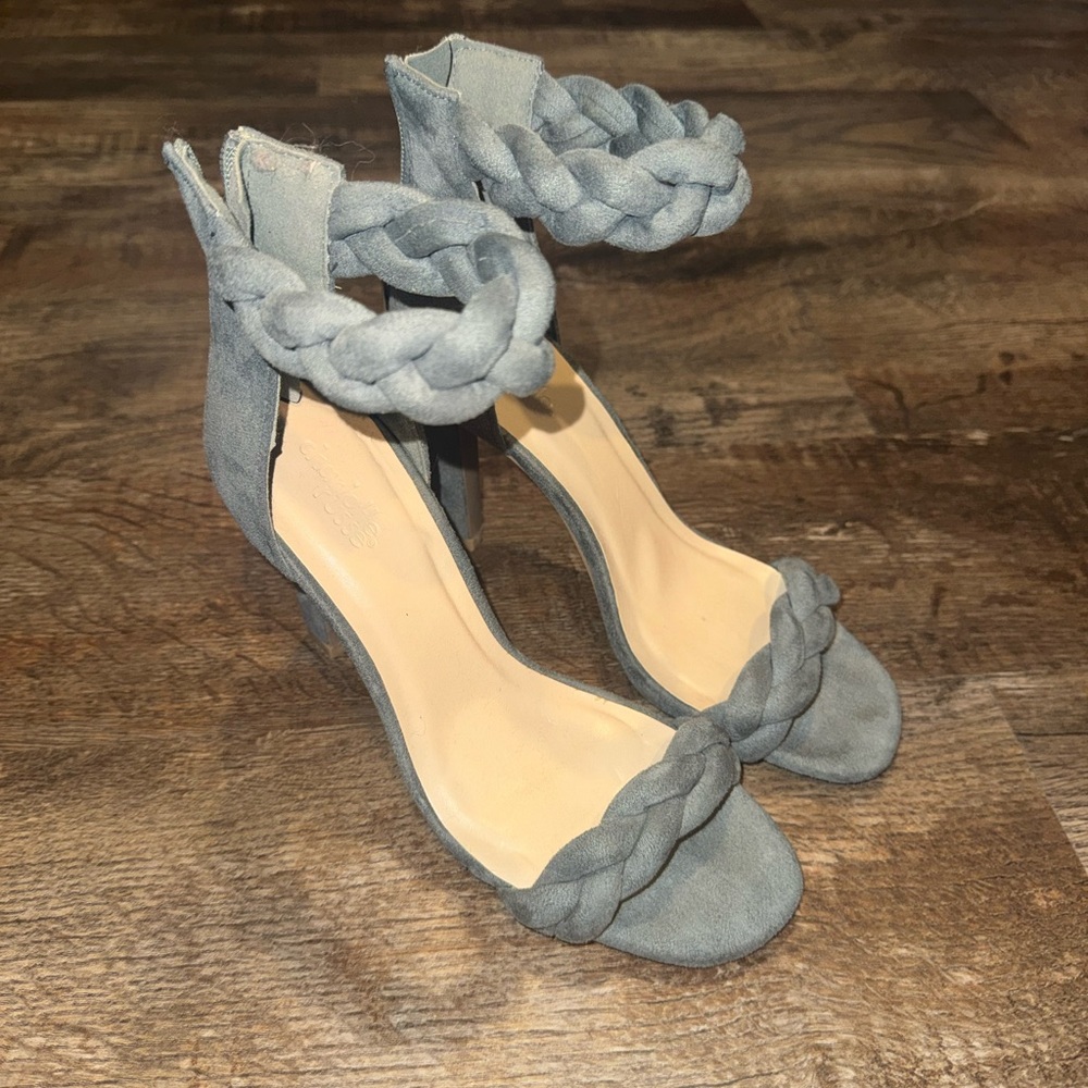 Braided Ankle Strap High Heel Sandals in Light Blue/Gray